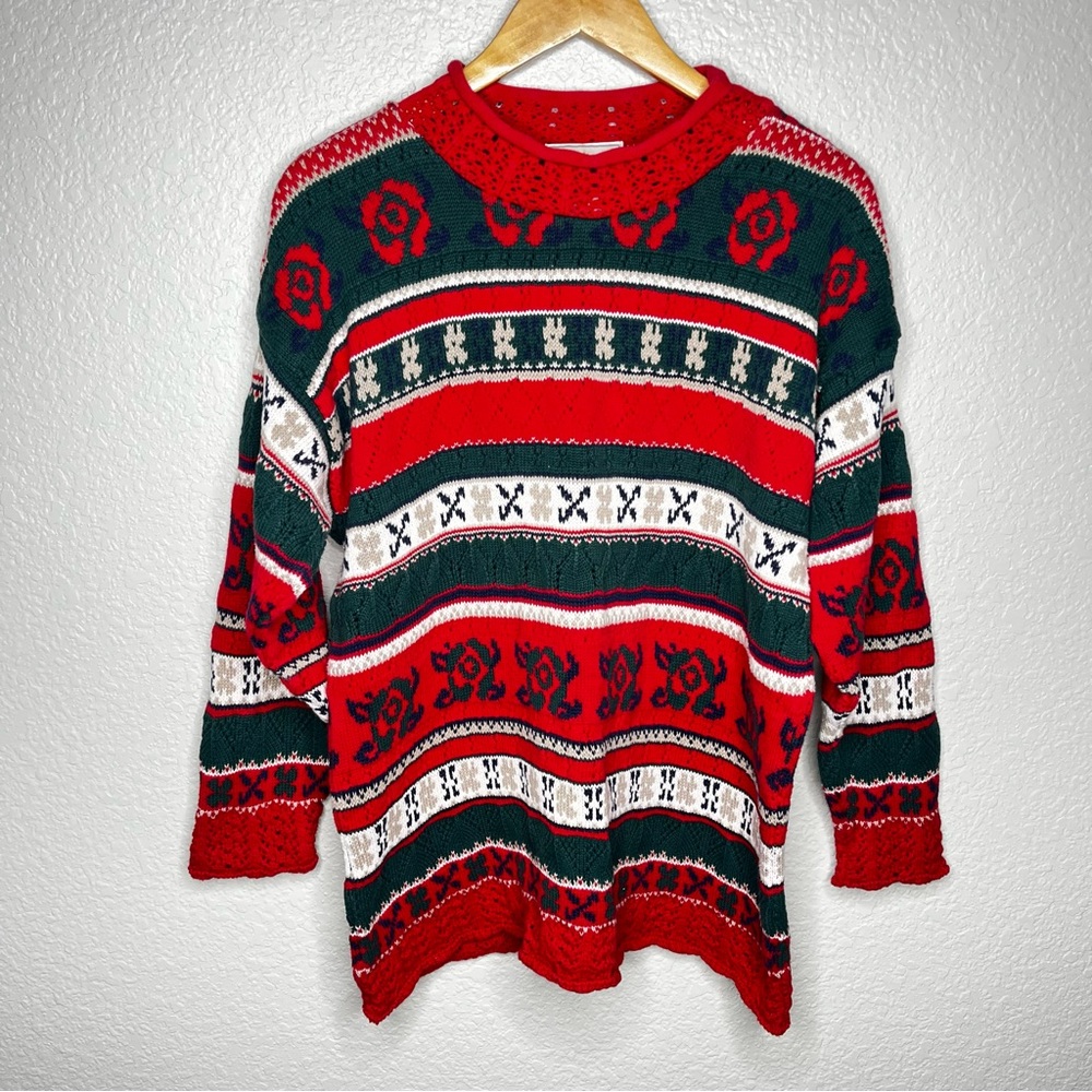 Vintage Festive Knit Sweater Red Green‎ Nordic Holiday Pattern Express Tricot L